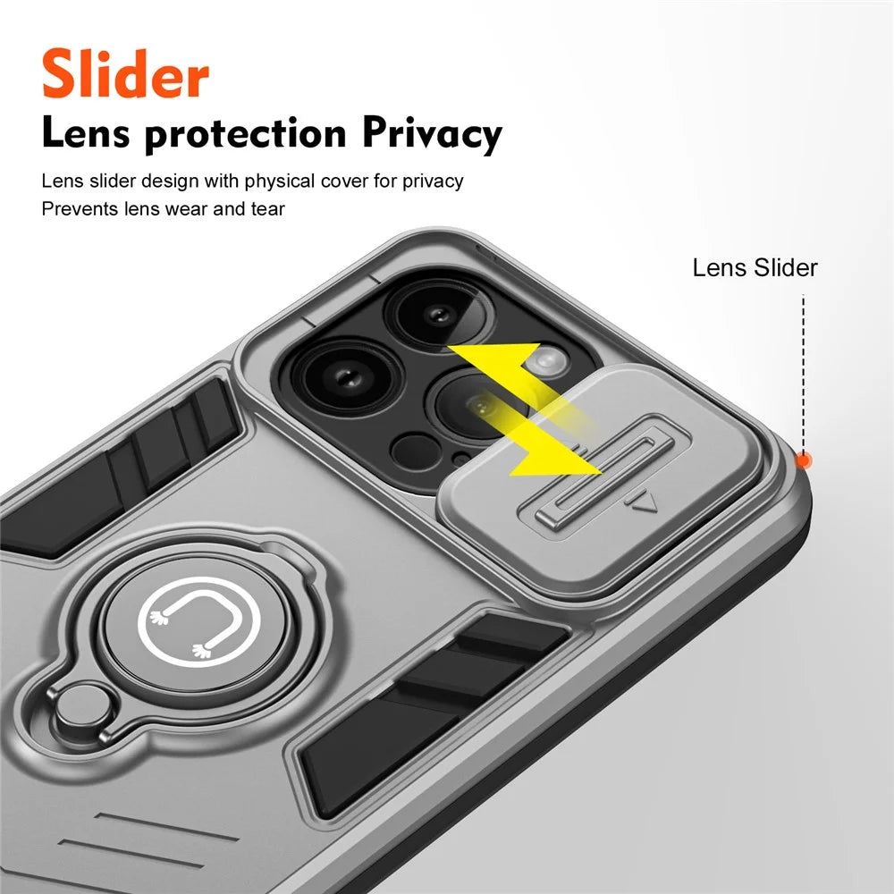For iPhone 14 Pro Max Case Kickstand PC+TPU Hybrid Phone Cover with Slide Lens Shield -  Grey - 3