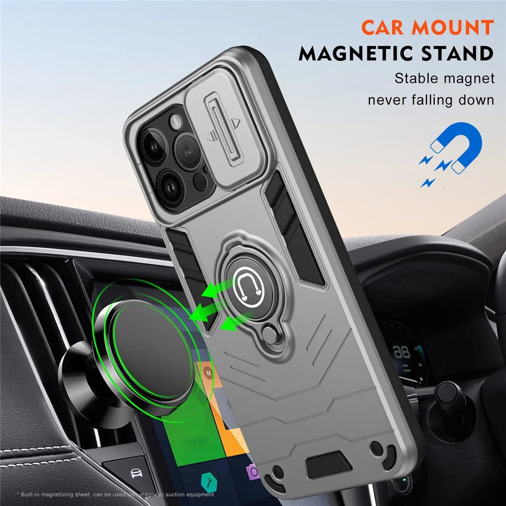 For iPhone 14 Pro Max Case Kickstand PC+TPU Hybrid Phone Cover with Slide Lens Shield -  Grey - 5