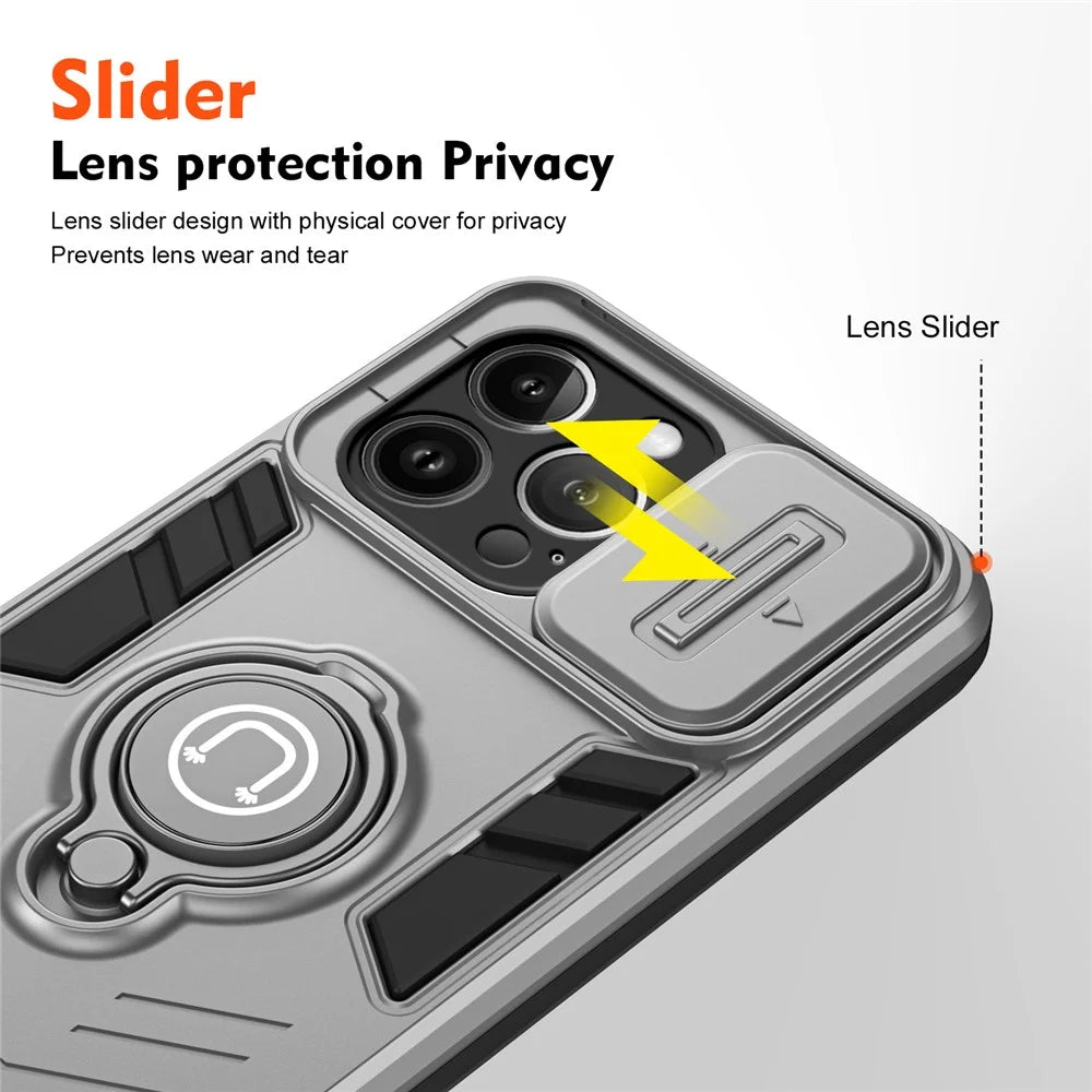 For iPhone 13 Pro Case Ring Kickstand PC+TPU Phone Cover with Slide Lens Guard - Grey - 3