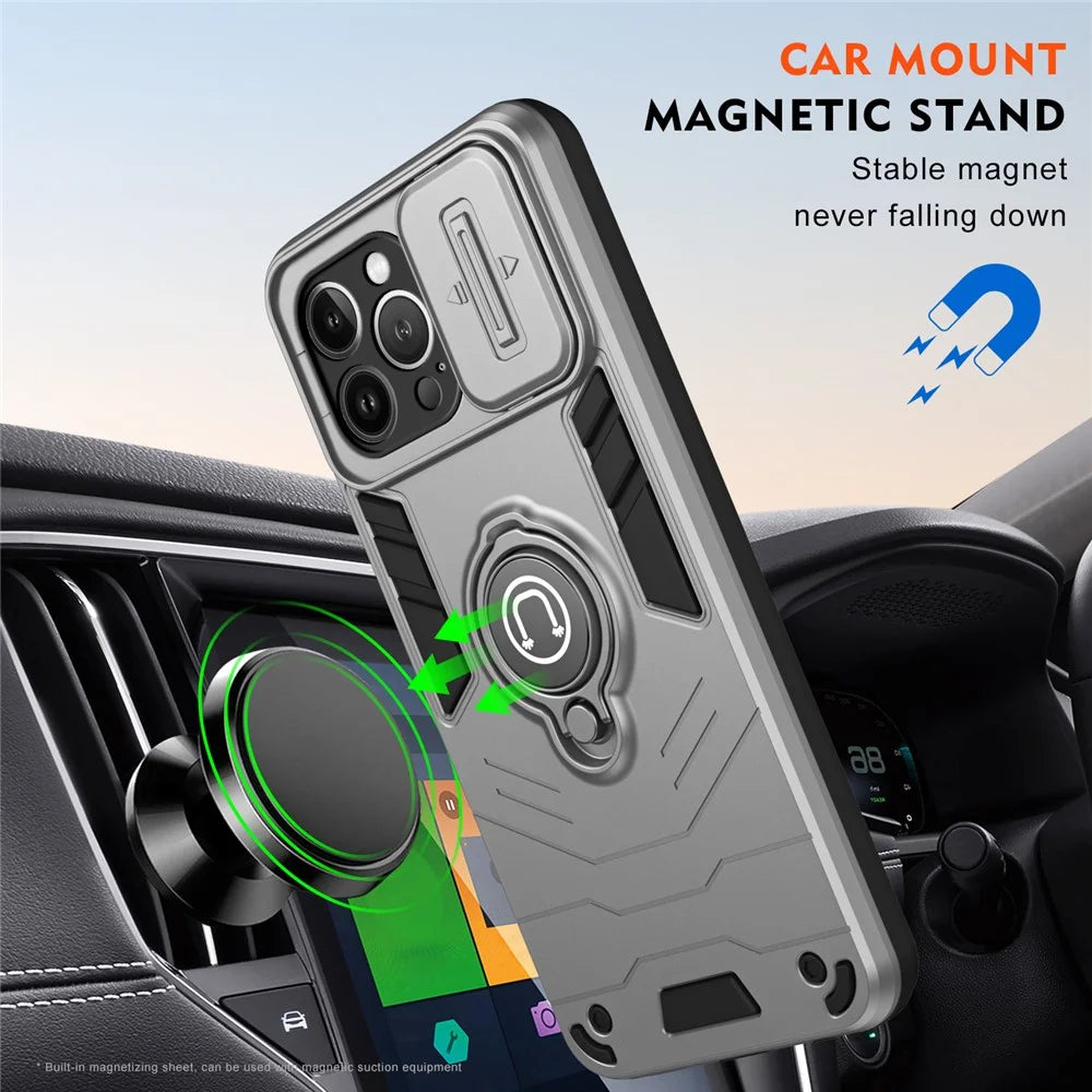 For iPhone 13 Pro Case Ring Kickstand PC+TPU Phone Cover with Slide Lens Guard - Grey - 5