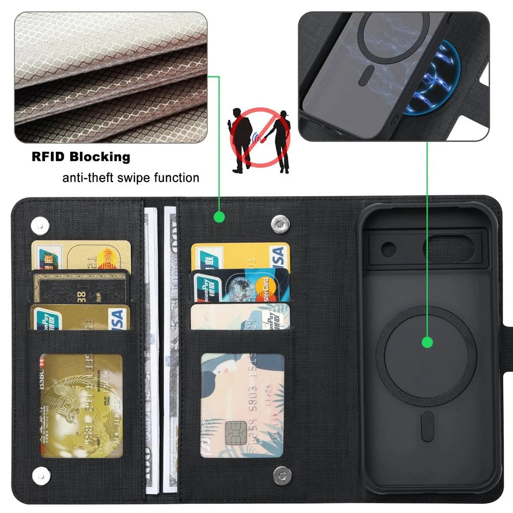 VILI GMA Series For Google Pixel 8a Magnetic Case RFID Blocking Wallet Detachable Leather Phone Cover -  Black - 6
