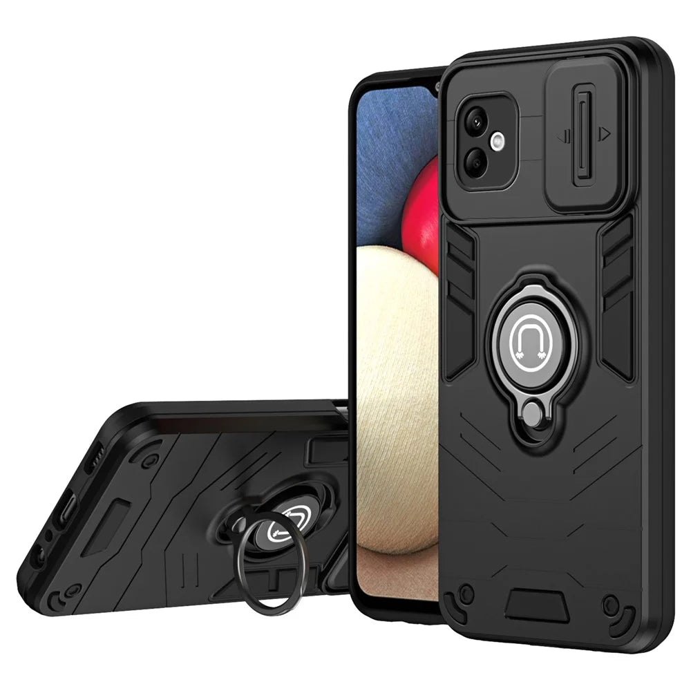 For Samsung Galaxy A05 4G Case Slide Camera Lid PC+TPU Phone Cover with Ring Kickstand - Black - 1