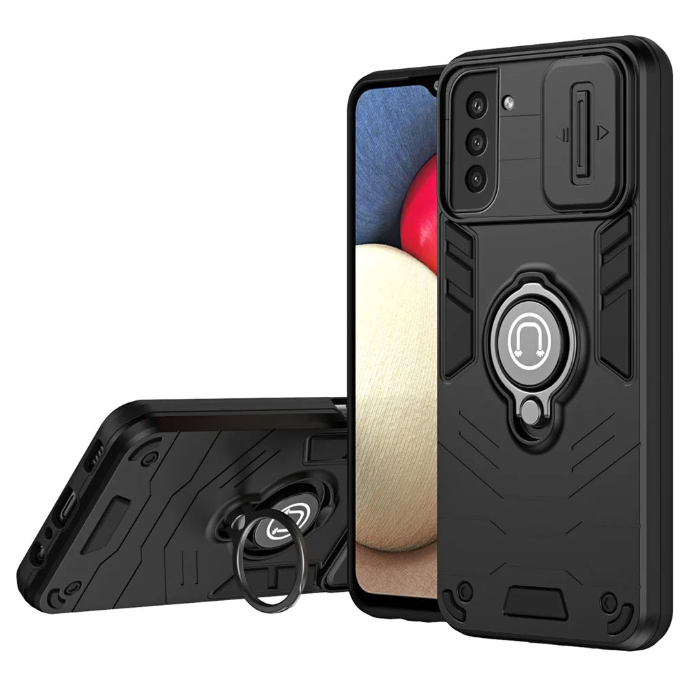 For Samsung Galaxy S21 FE 5G Case Slide Lens Lid Anti-Fall Phone Cover with Ring Kickstand - Black - 1