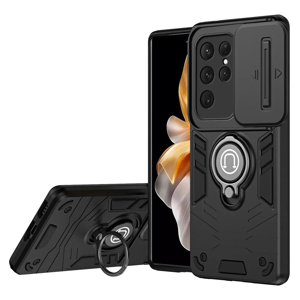For Samsung Galaxy S24 Ultra Phone Case Slide Lens Lid Anti-Fall Phone Cover with Ring Kickstand - Black - 1