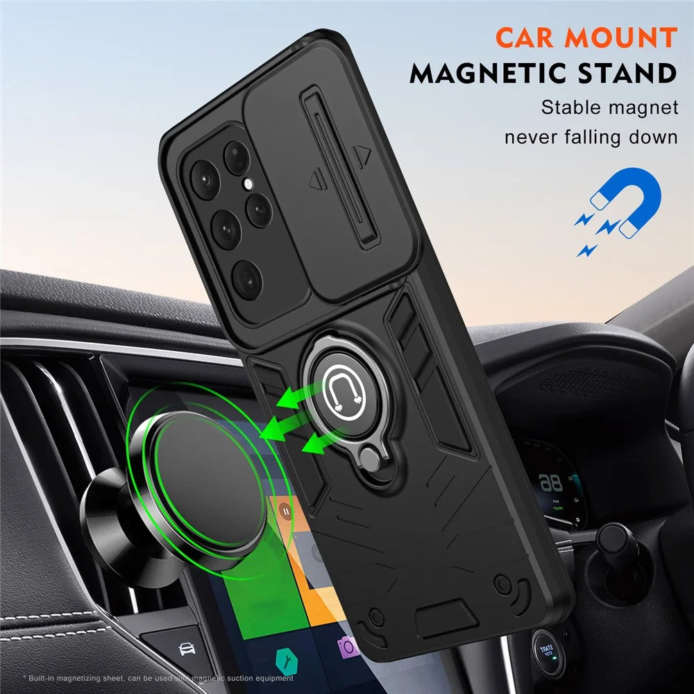 For Samsung Galaxy S24 Ultra Phone Case Slide Lens Lid Anti-Fall Phone Cover with Ring Kickstand - Black - 5
