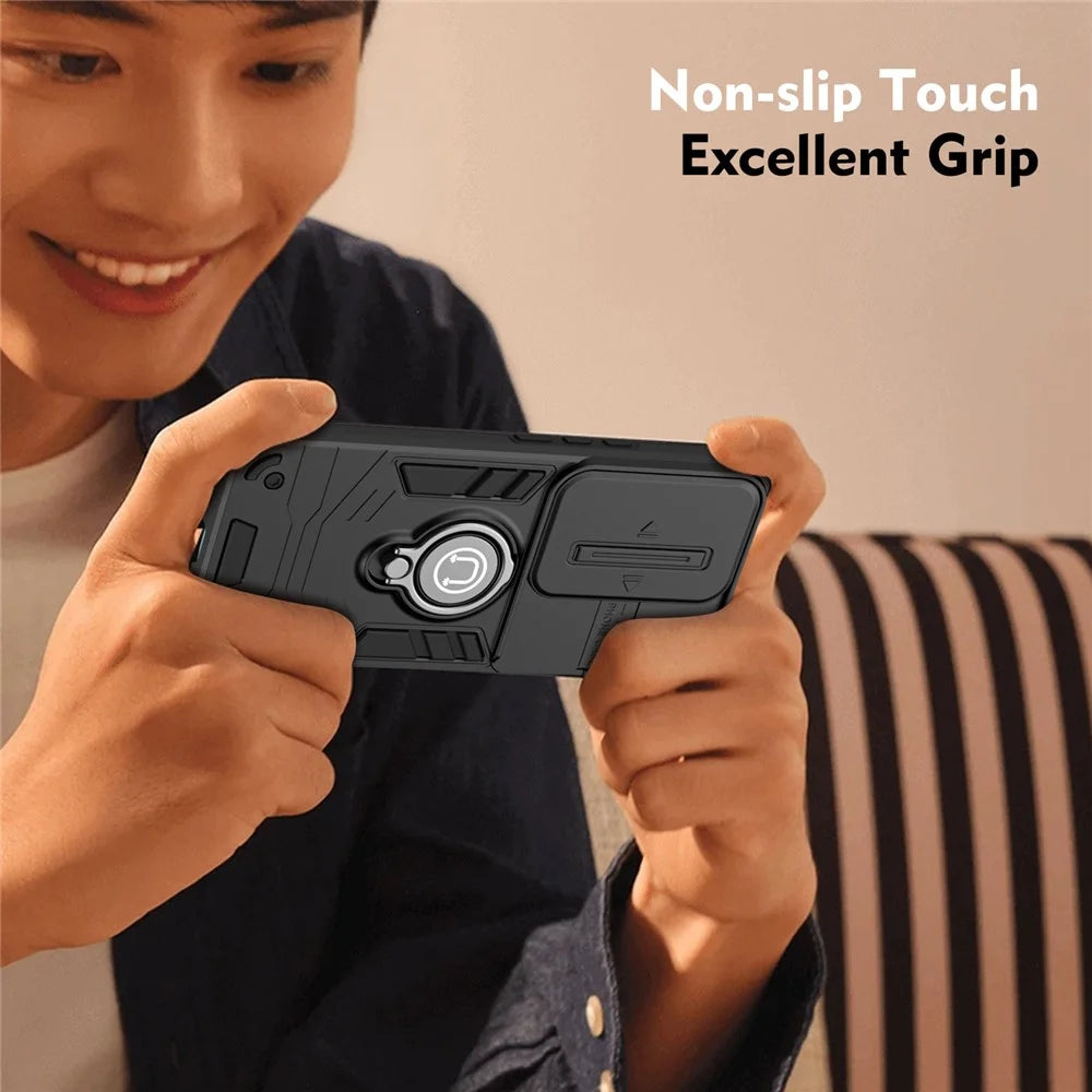 For Samsung Galaxy S24 Ultra Phone Case Slide Lens Lid Anti-Fall Phone Cover with Ring Kickstand - Black - 7