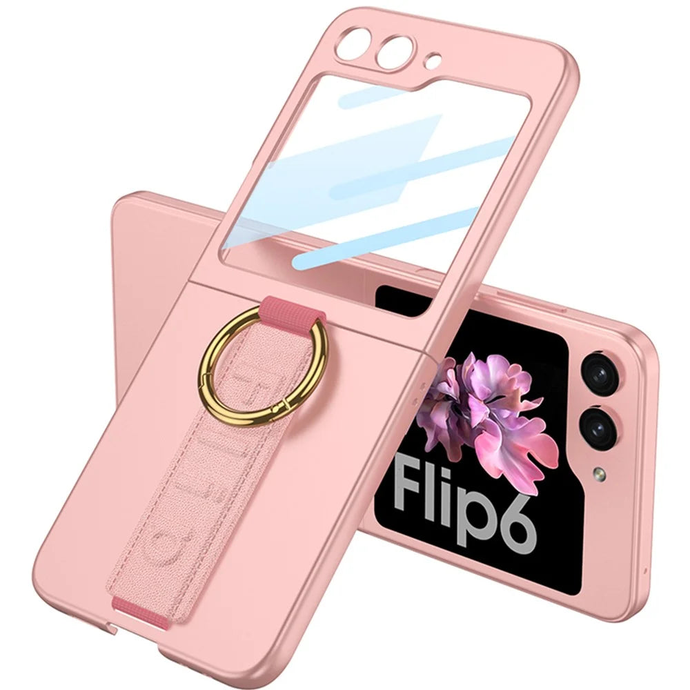 GKK For Samsung Galaxy Z Flip7 FE 5G / Z Flip6 5G Case Ring Holder Hand Strap PC Phone Cover with Rear Screen Film - Green - 5