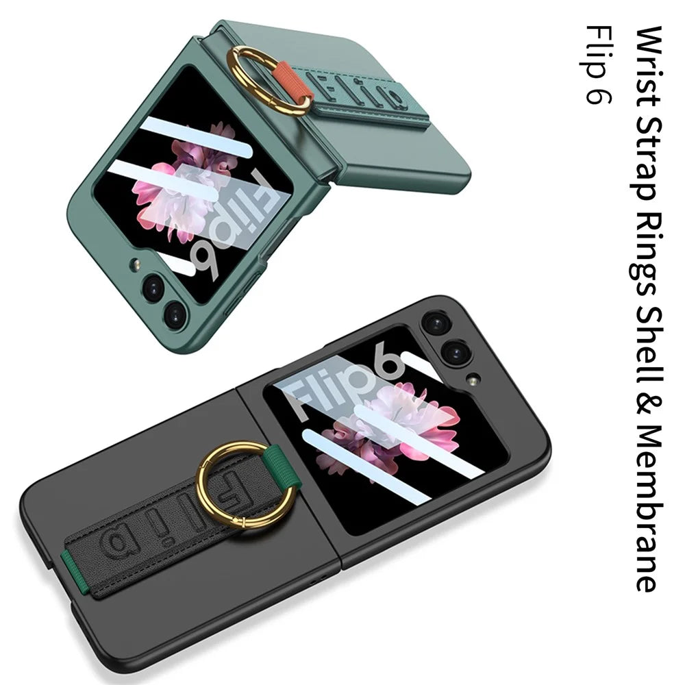 GKK For Samsung Galaxy Z Flip7 FE 5G / Z Flip6 5G Case Ring Holder Hand Strap PC Phone Cover with Rear Screen Film - Green - 7