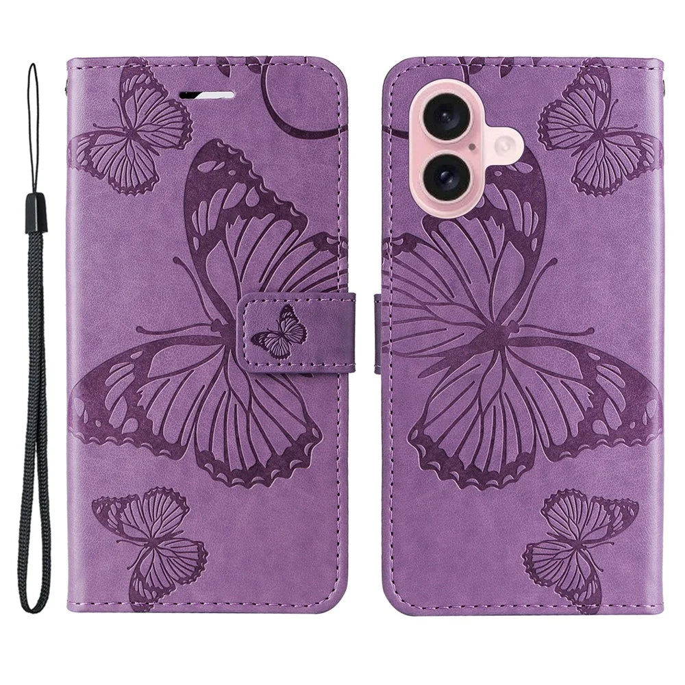 For iPhone 16 Wallet Case Floral Butterfly Imprinted Leather Phone Cover Stand - Light Purple - 1