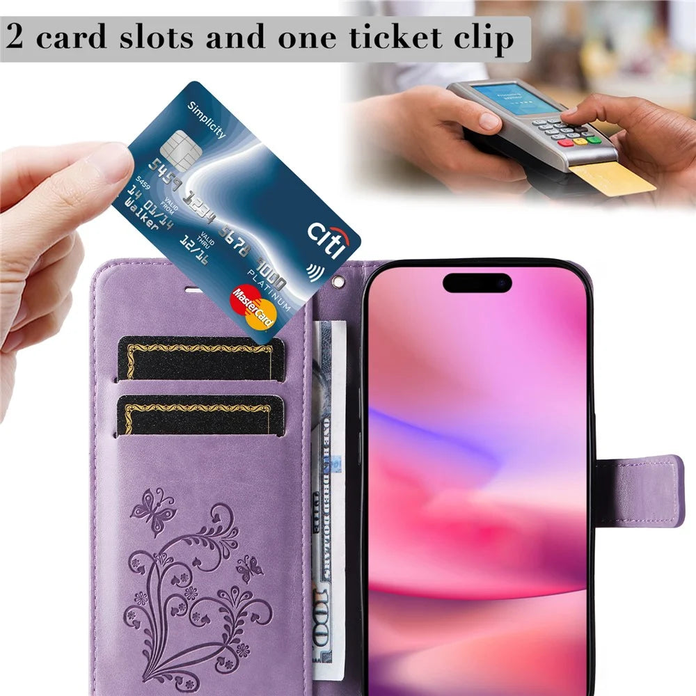 For iPhone 16 Wallet Case Floral Butterfly Imprinted Leather Phone Cover Stand - Light Purple - 7