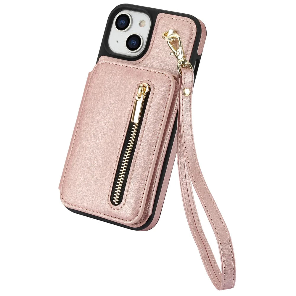 For iPhone 15 Case Zipper Leather+TPU Kickstand Phone Cover with Shoulder Strap - Rose Gold - 6