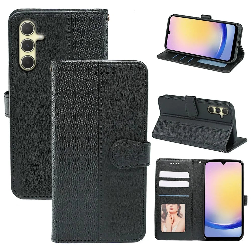 For Samsung Galaxy A25 5G (Global) (161.0 X 76.5 X 8.3mm) Case Leather Flip Phone Cover Cubic Grid Imprinted - Black - 1