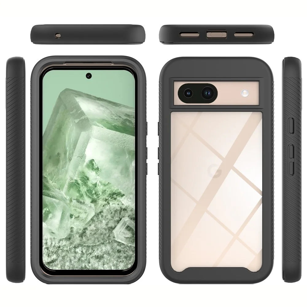 For Google Pixel 8a Case PC+TPU Clear Phone Cover with PET Screen Film All-Around Protection - Black - 2