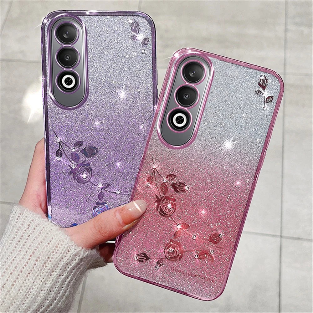 KADEM For OnePlus Nord CE4 5G TPU Case Flower Gradient Color Glitter Cover with Lanyard - Rose Gold - 3