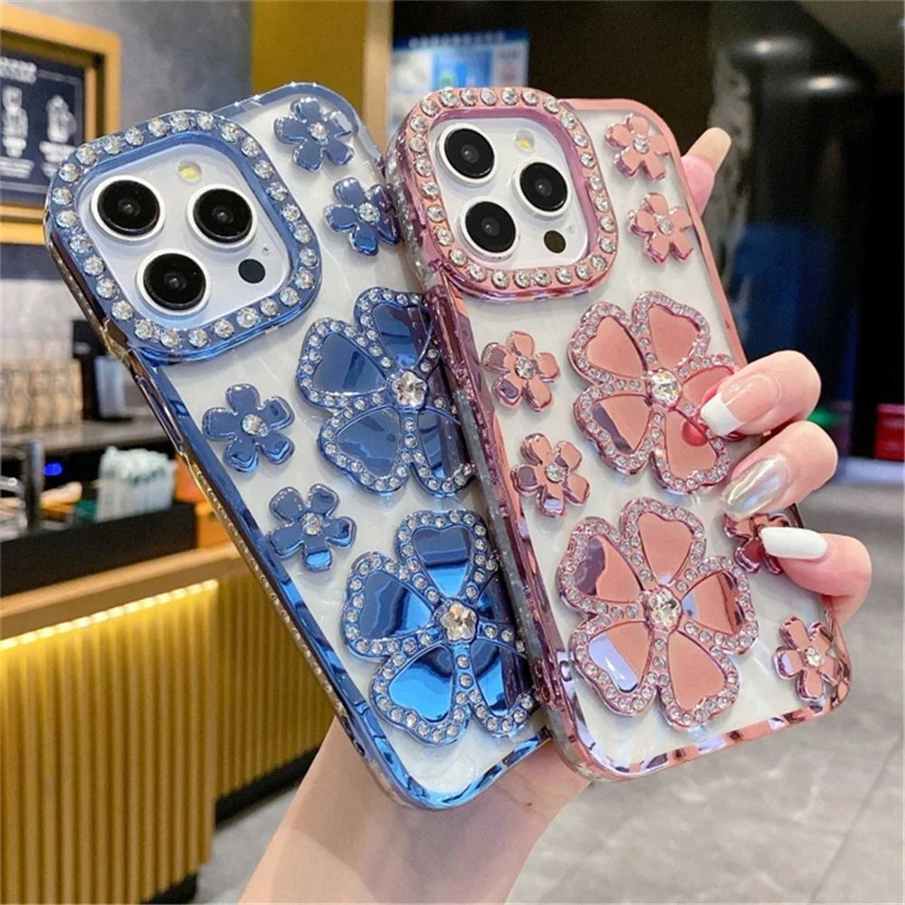 For iPhone 14 Pro Case Rhinestone Flower Electroplating TPU Phone Cover - Blue - 4