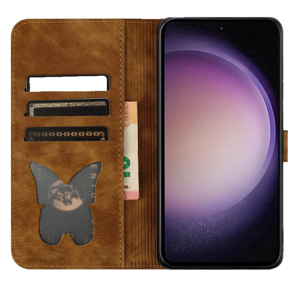 For Samsung Galaxy S23 Case Butterfly Cat Imprinting Leather Folio Phone Cover - Brown - 2