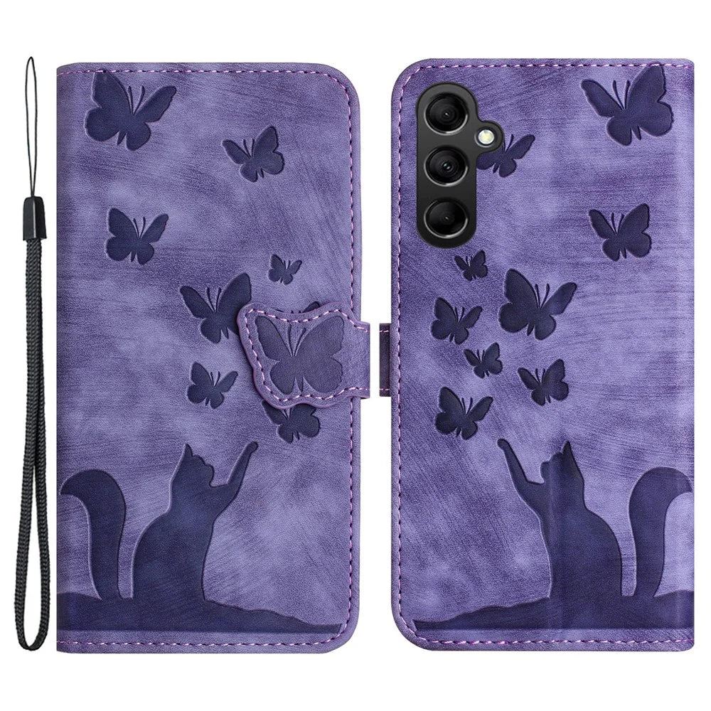 For Samsung Galaxy S25+ / S24+ Case Butterfly Cat Imprint Leather Phone Cover with Wallet Stand - Purple - 1