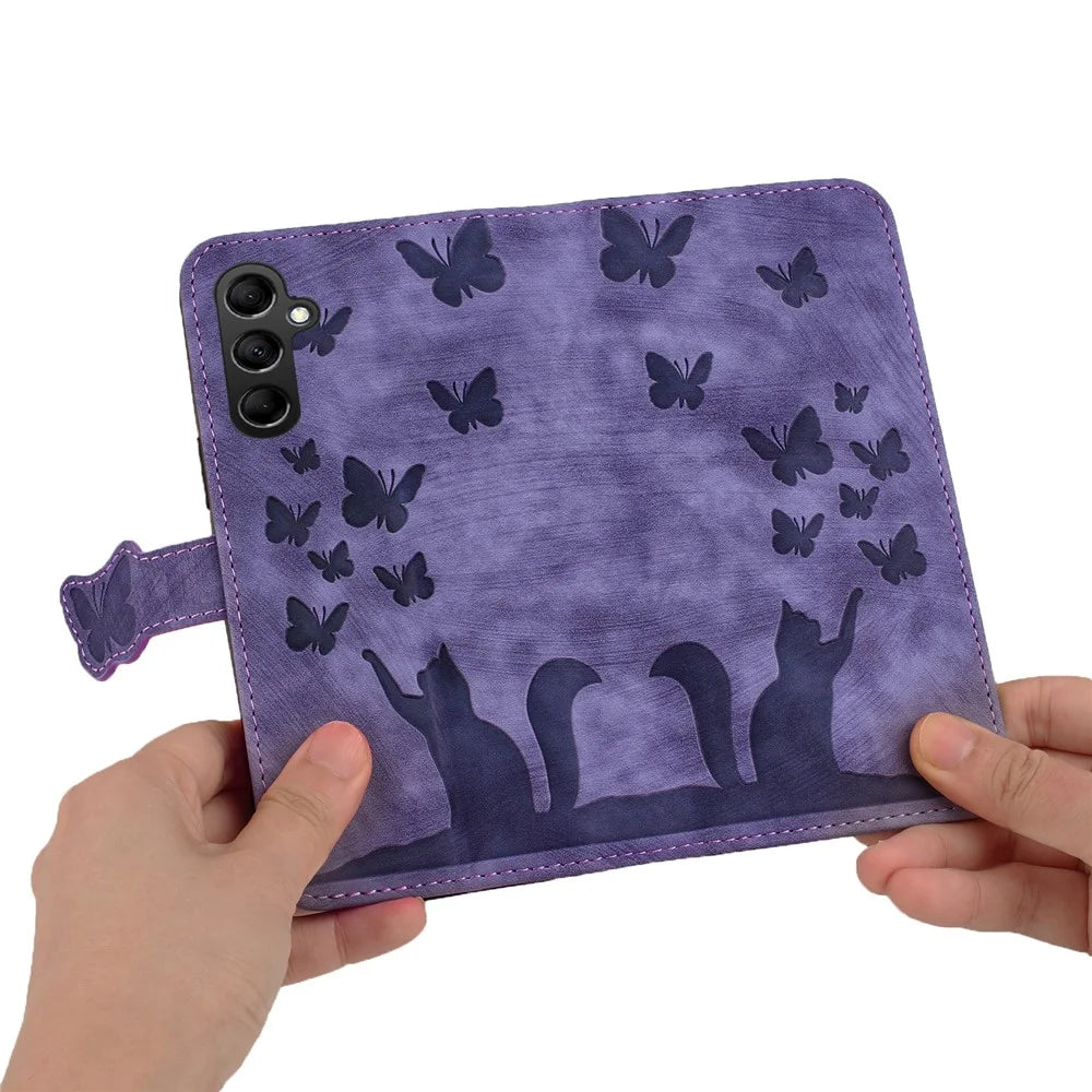 For Samsung Galaxy S25+ / S24+ Case Butterfly Cat Imprint Leather Phone Cover with Wallet Stand - Purple - 5
