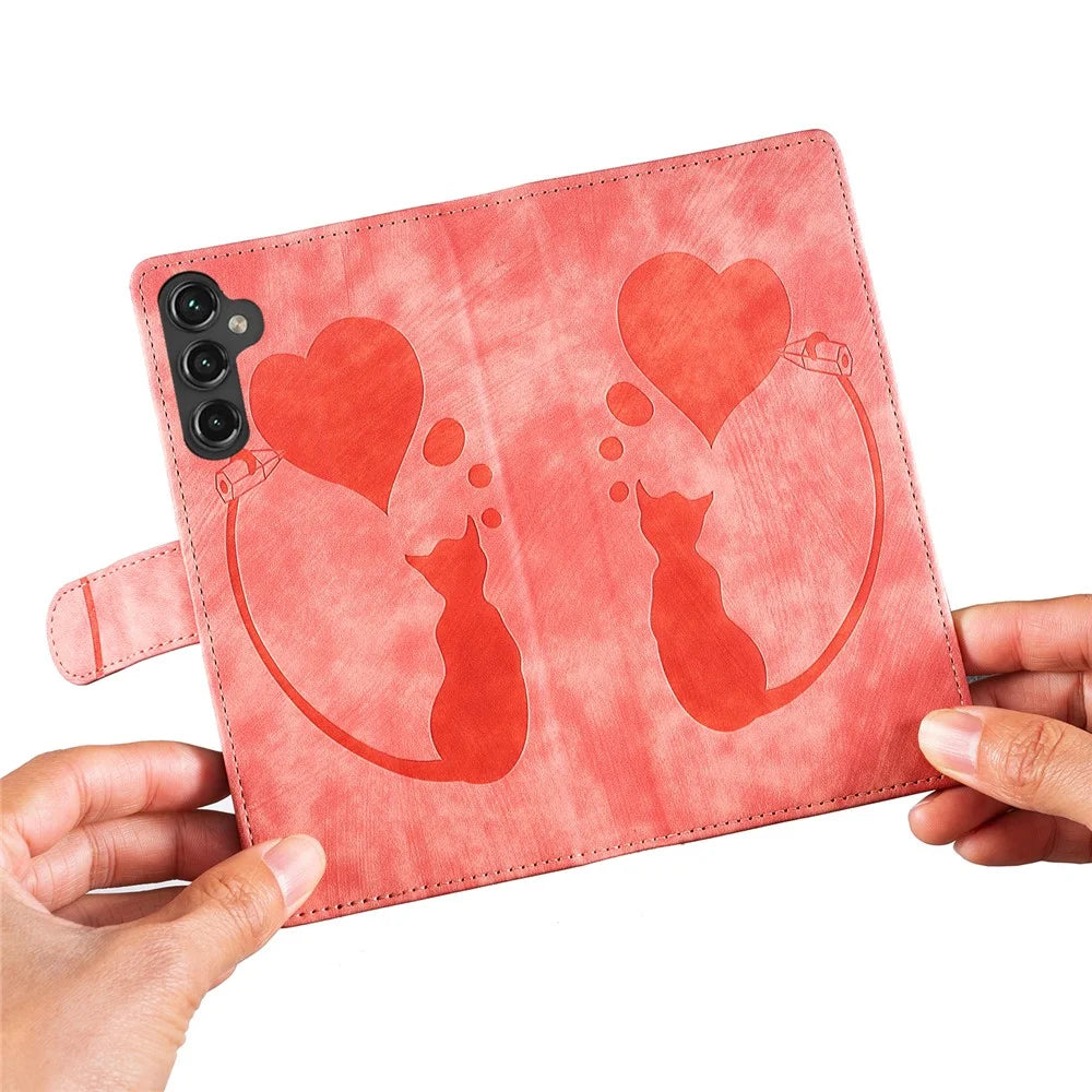 For Samsung Galaxy A14 5G / 4G Case Cat Heart Pattern PU Leather Flip Phone Cover - Pink - 5