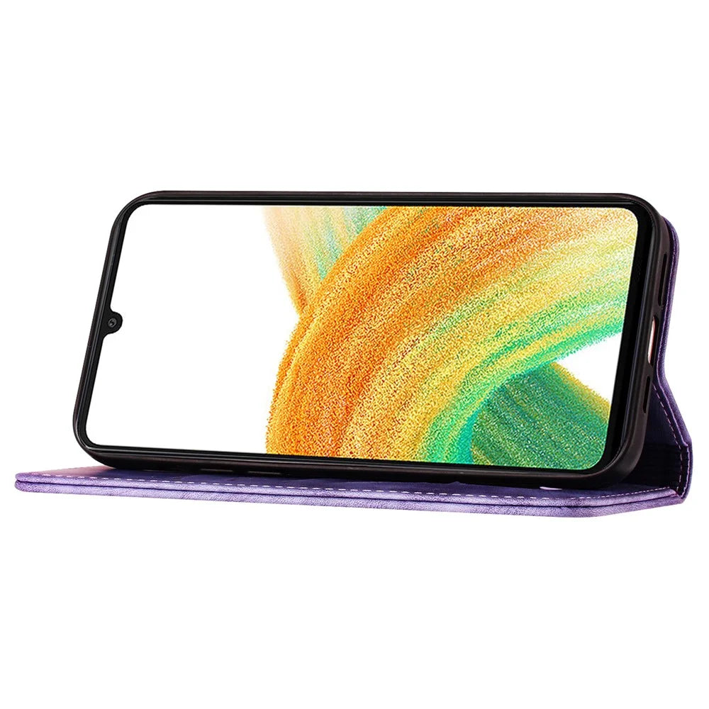 For Samsung Galaxy A24 4G (162.1 X 77.6 X 8.3mm) Leather Phone Case Butterfly Cat Imprint - Purple - 4