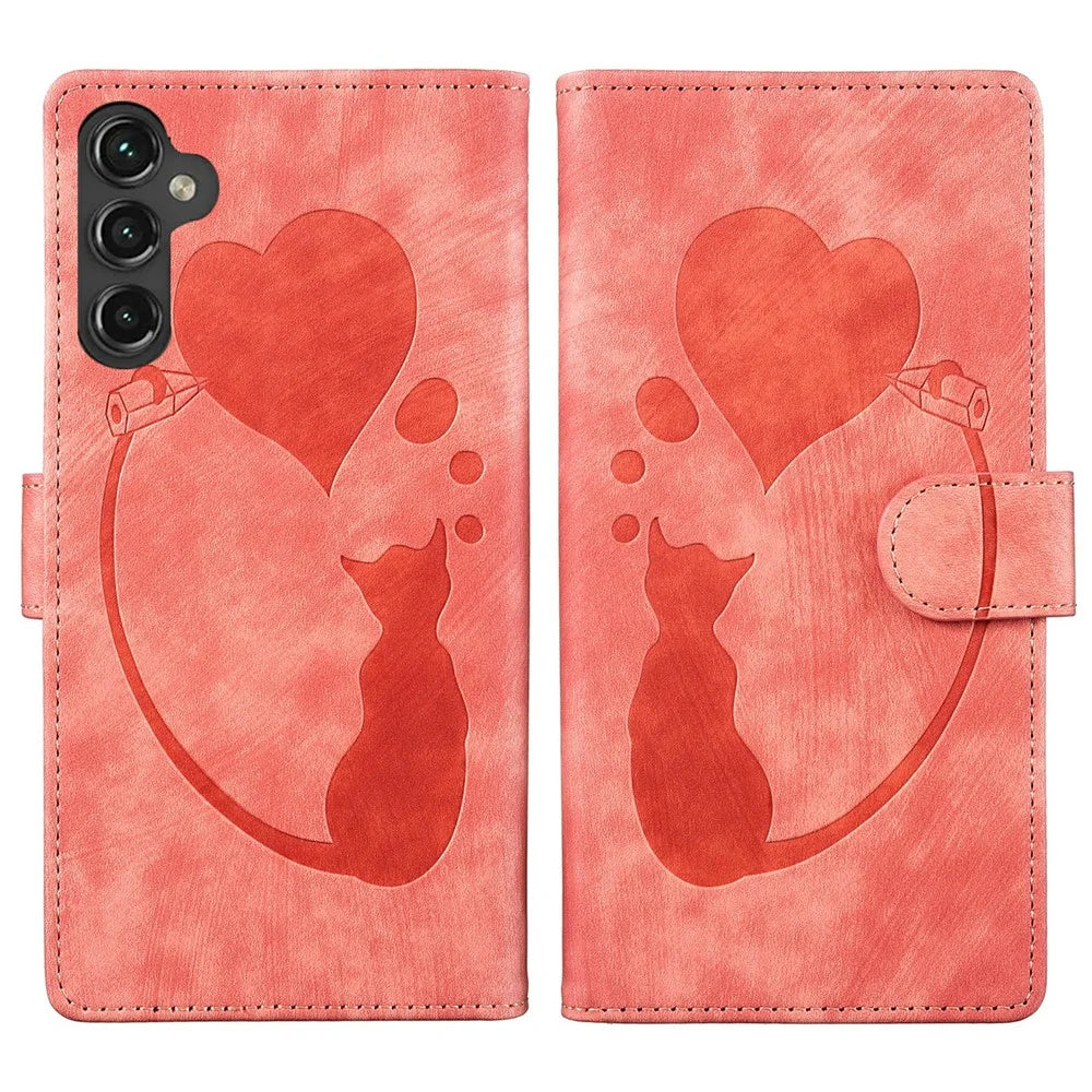 For Samsung Galaxy A55 5G Case Heart Cat Folding Stand PU Leather Phone Cover - Pink - 1