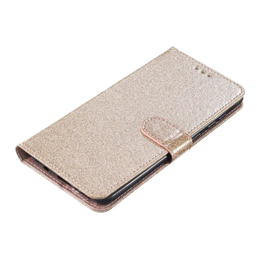 For iPhone 16 Plus Case PU Leather Wallet Folding Stand Glitter Phone Cover - Gold - 4