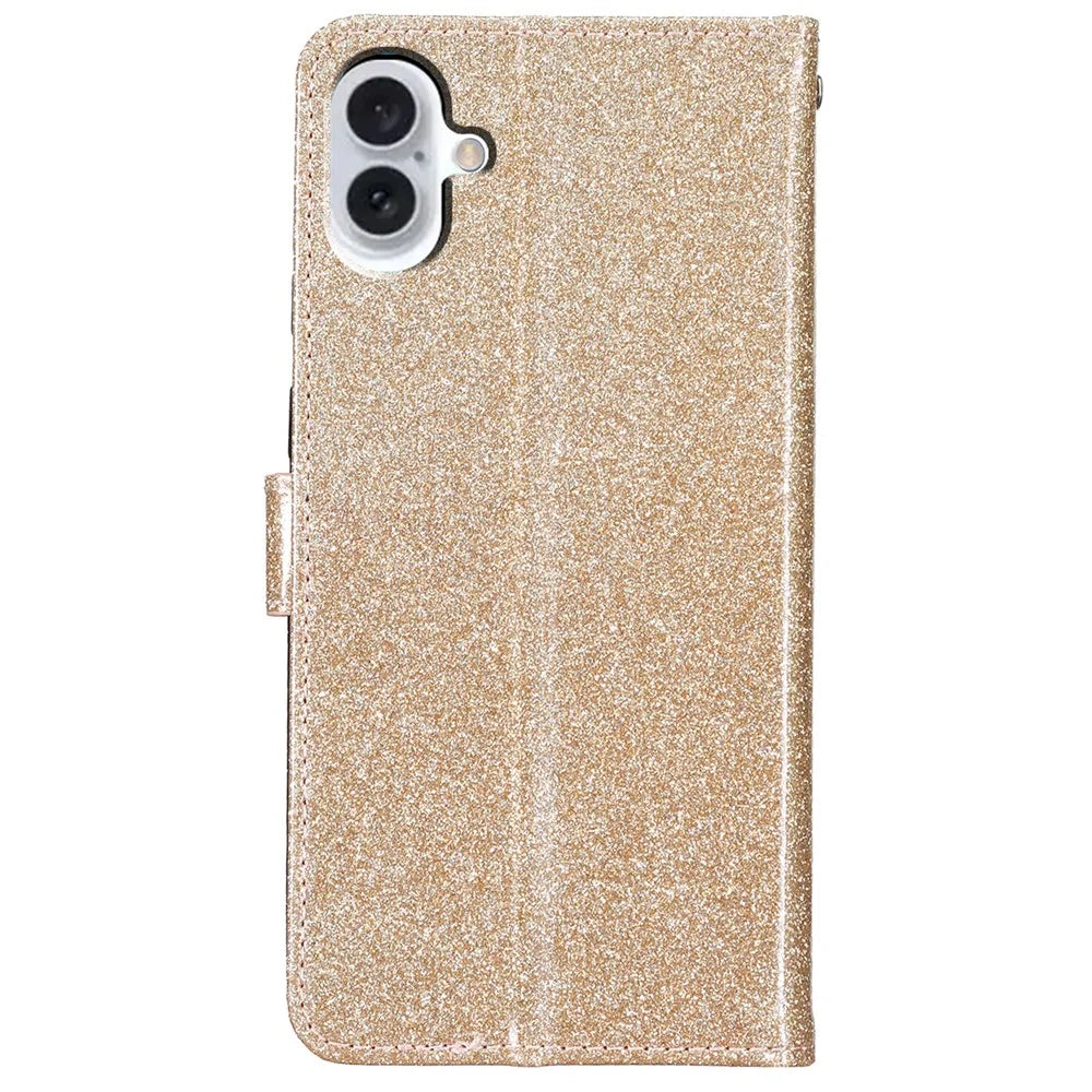 For iPhone 16 Plus Case PU Leather Wallet Folding Stand Glitter Phone Cover - Gold - 6