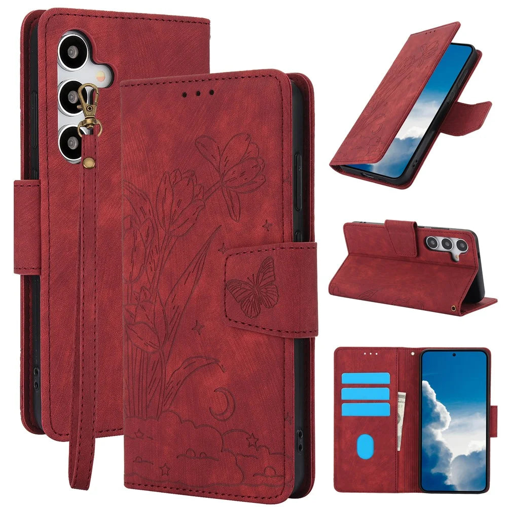 SY-001 For Samsung Galaxy S24 Case Butterfly Flower Leather Cover with Magnetic Clasp - Red - 1