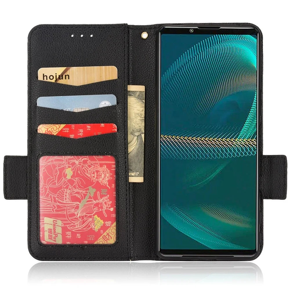 For Sony Xperia 5 IV 5G Litchi Texture Stand Wallet Phone Cover PU Leather Dual Magnetic Clasp Case - Black - 2