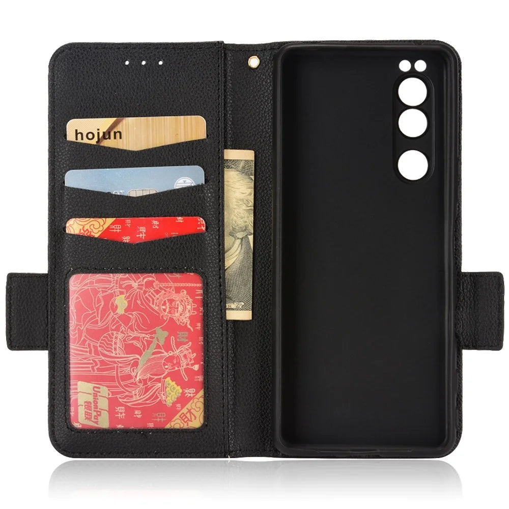 For Sony Xperia 5 IV 5G Litchi Texture Stand Wallet Phone Cover PU Leather Dual Magnetic Clasp Case - Black - 4