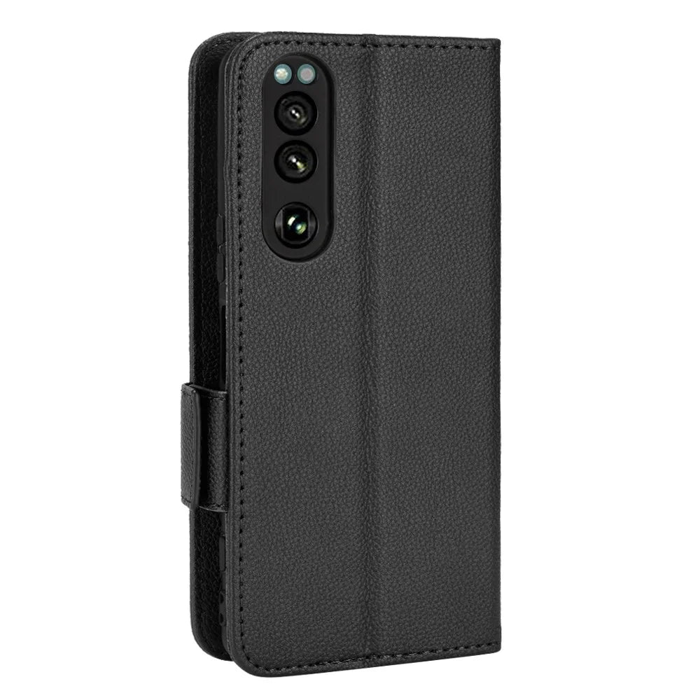 For Sony Xperia 5 IV 5G Litchi Texture Stand Wallet Phone Cover PU Leather Dual Magnetic Clasp Case - Black - 5