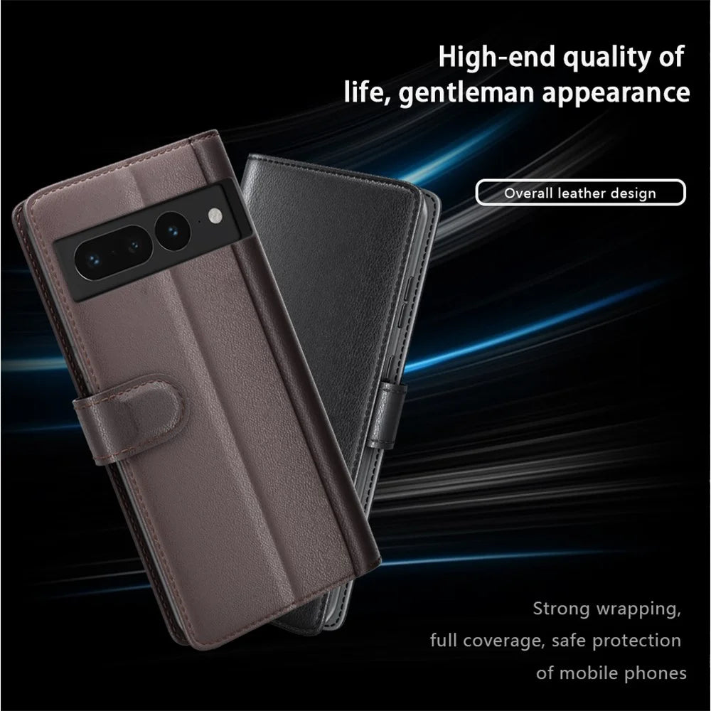 For Google Pixel 7 Pro 5G Phone Cases Genuine Split Leather Wallet Mobile Cover Stand - Black - 4