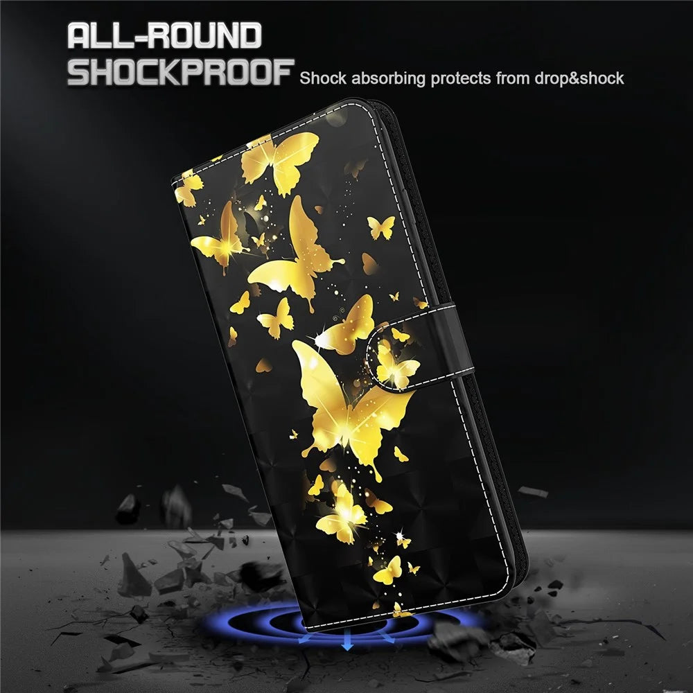 For Samsung Galaxy M13 4G PU Leather Flip Wallet Phone Case Stand Feature 3D Pattern Printing Magnetic Protection Phone Cover with Strap - Golden Butterflies - 6