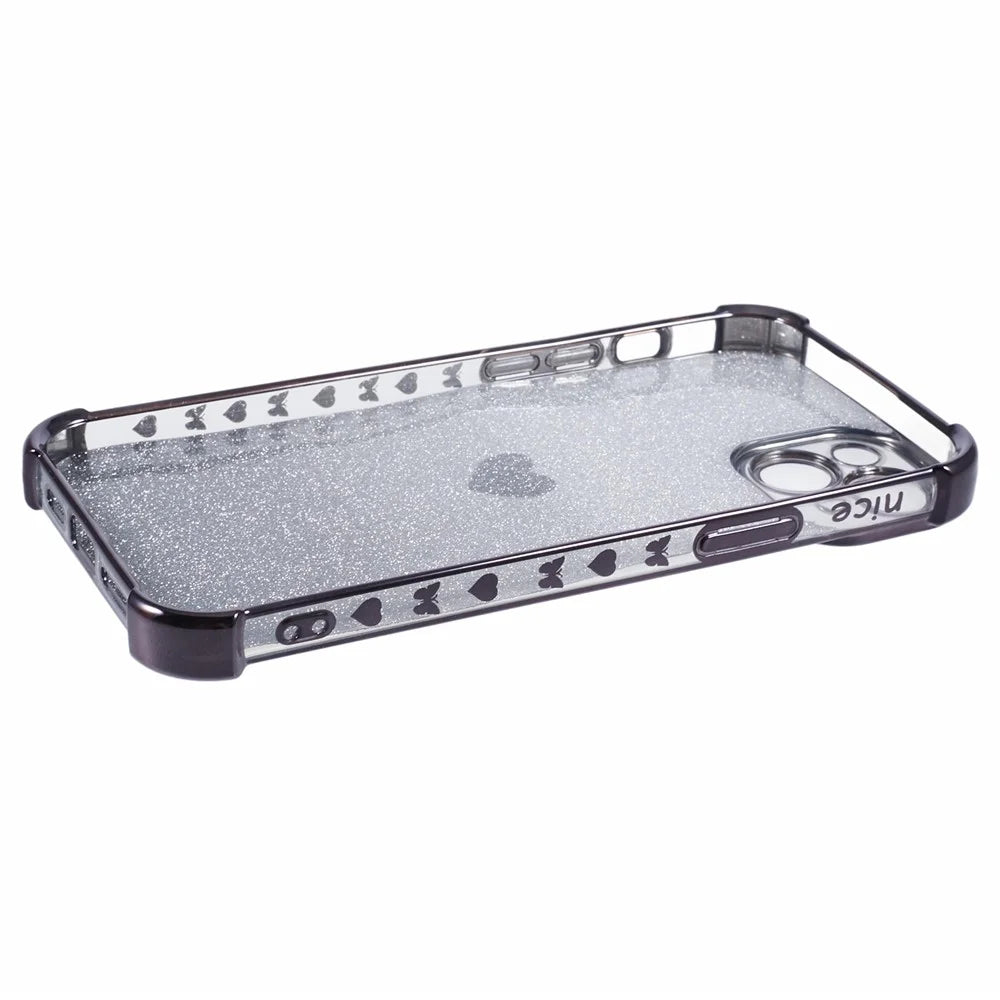 For iPhone 13 Anti-Scratch Phone Case Heart Pattern TPU Glittery Powder Phone Cover - Black - 4