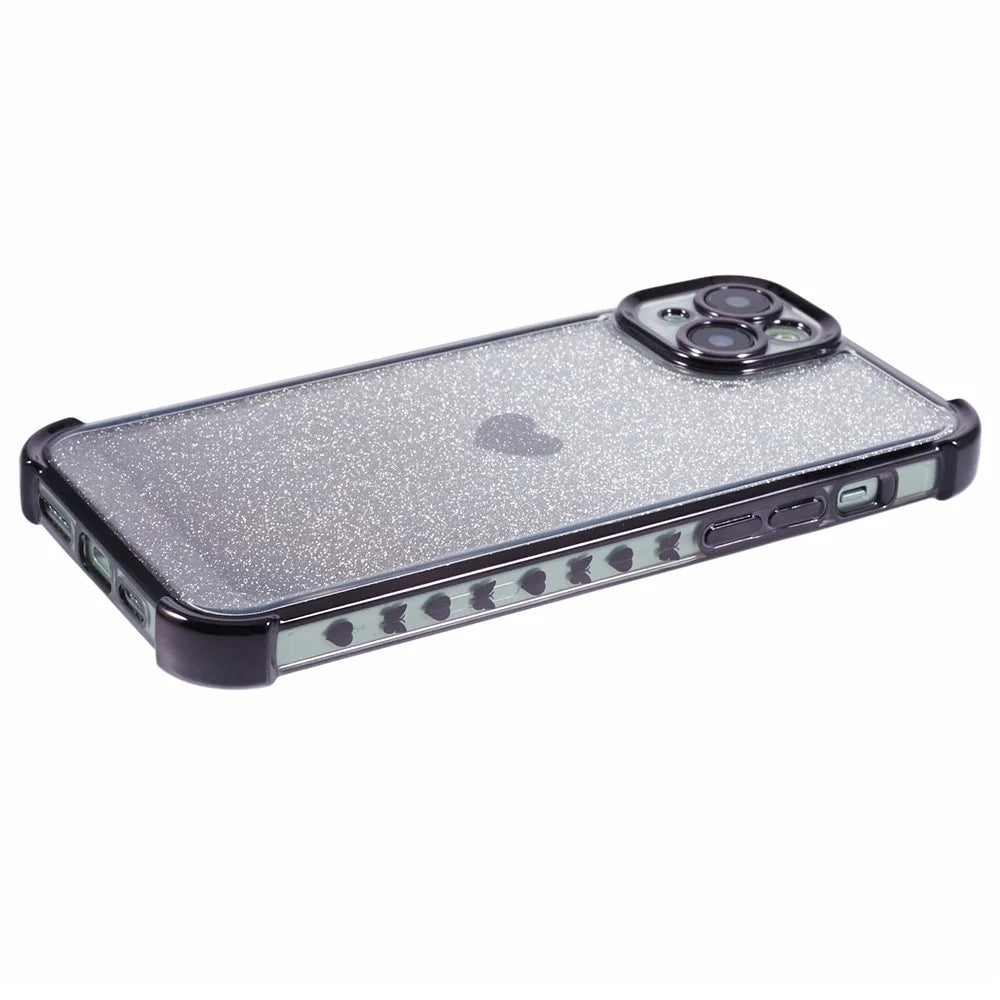 For iPhone 13 Anti-Scratch Phone Case Heart Pattern TPU Glittery Powder Phone Cover - Black - 5