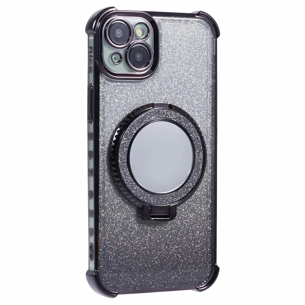For iPhone 15 Case Glitter Gradient TPU Phone Cover with Kickstand and Mirror - Black - 3