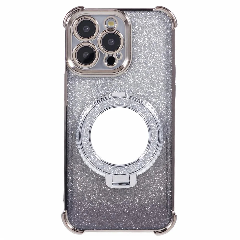 For iPhone 12 Pro Max Case Round Mirror Anti-Drop TPU Glitter Phone Cover with Kickstand - Grey - 1