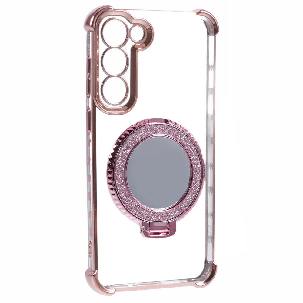 For Samsung Galaxy S23 Case Mirror Kickstand TPU Phone Cover Side Heart Pattern - Pink - 3