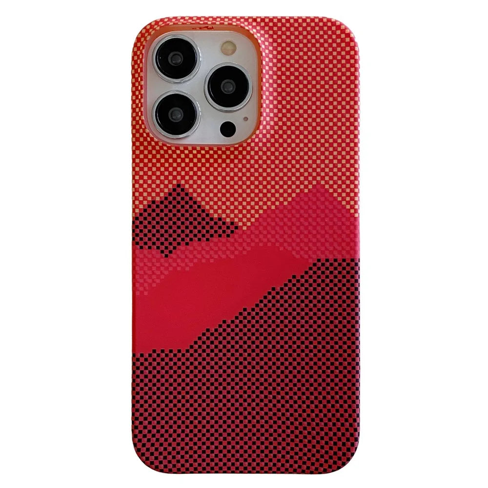 For iPhone 14 Pro Max Case Water Transfer Printing Anti-Fall Luminous PC Phone Cover - Orange Mountain - 1