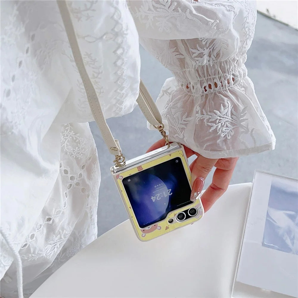 For Samsung Galaxy Z Flip5 5G Folding Phone Case Cartoon Pattern Leather+PC Cover with Long Strap - Yellow - 4