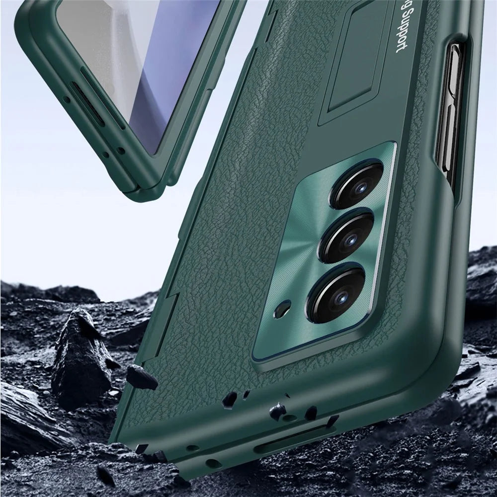For Samsung Galaxy Z Fold6 5G Kickstand Case Leather+PC Phone Cover with Stylus and Tempered Glass Film - Black - 7