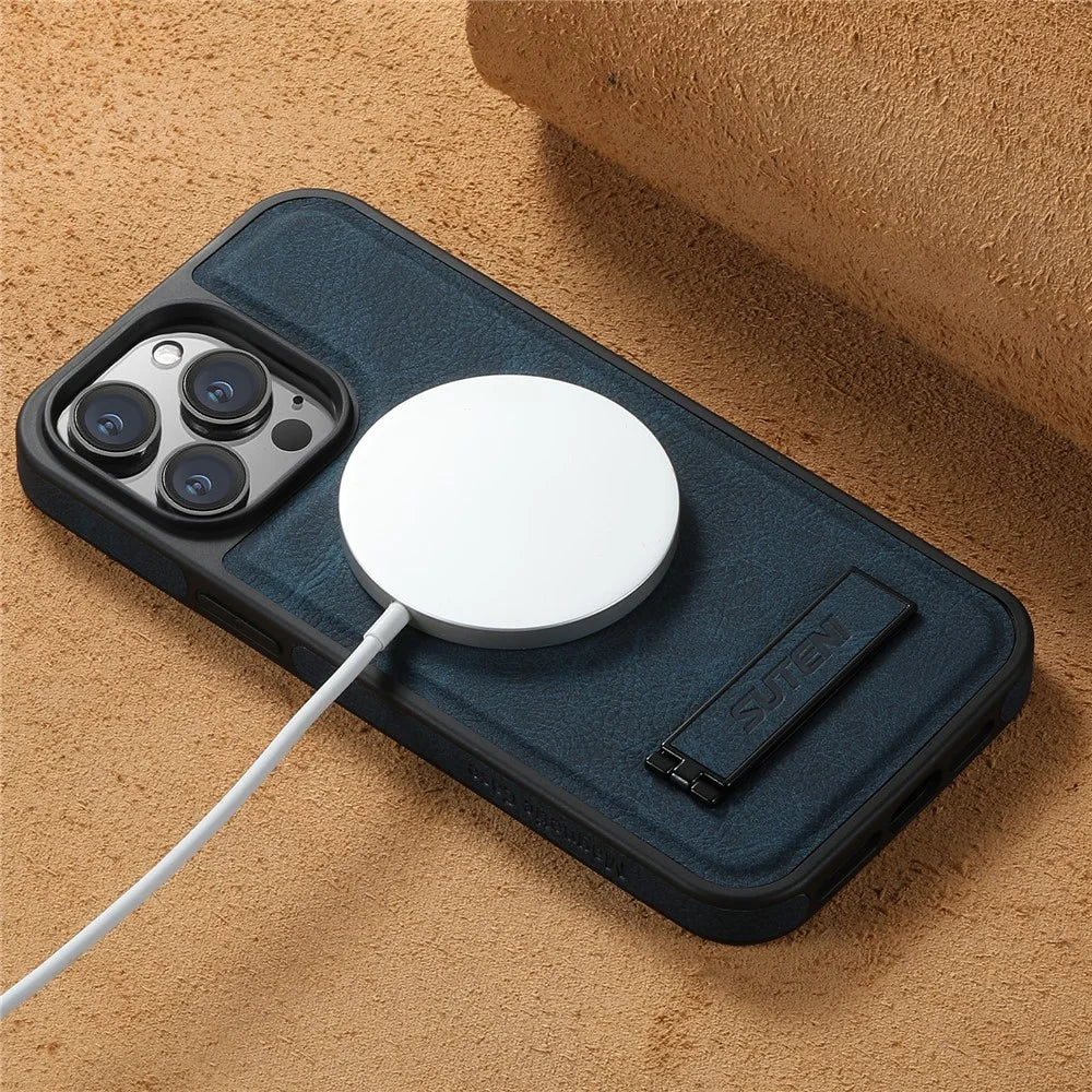 SUTENI G2 For iPhone 12 / 12 Pro Magnetic Case Kickstand Leather+TPU Phone Cover Litchi Texture - Blue - 6