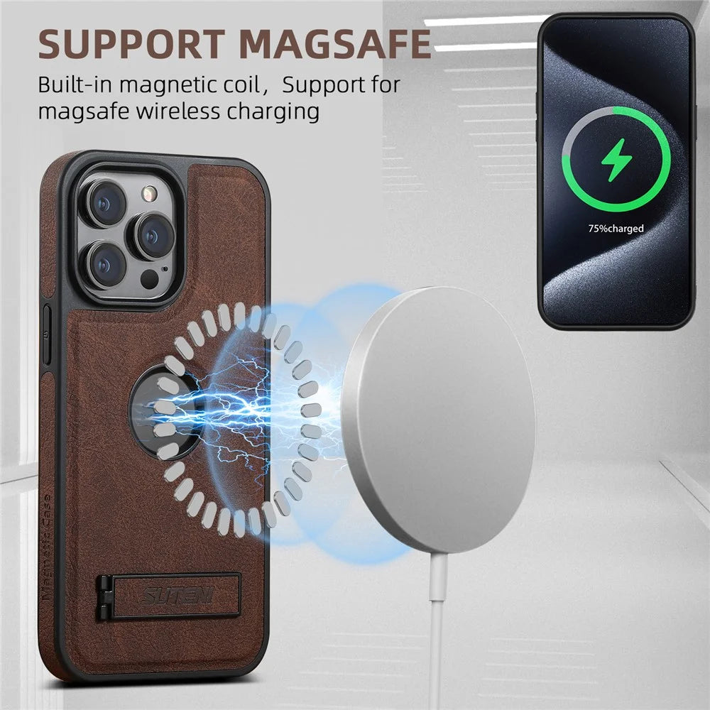 SUTENI G2 For iPhone 12 Pro Max Magnetic Case Litchi Texture Kickstand Leather+TPU Phone Cover - Brown - 2