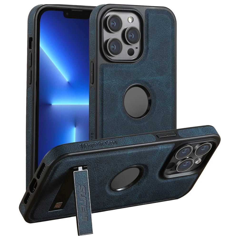 SUTENI G2 For iPhone 13 Pro Magnetic Case Litchi Texture Leather Back Cover with Kickstand - Blue - 1