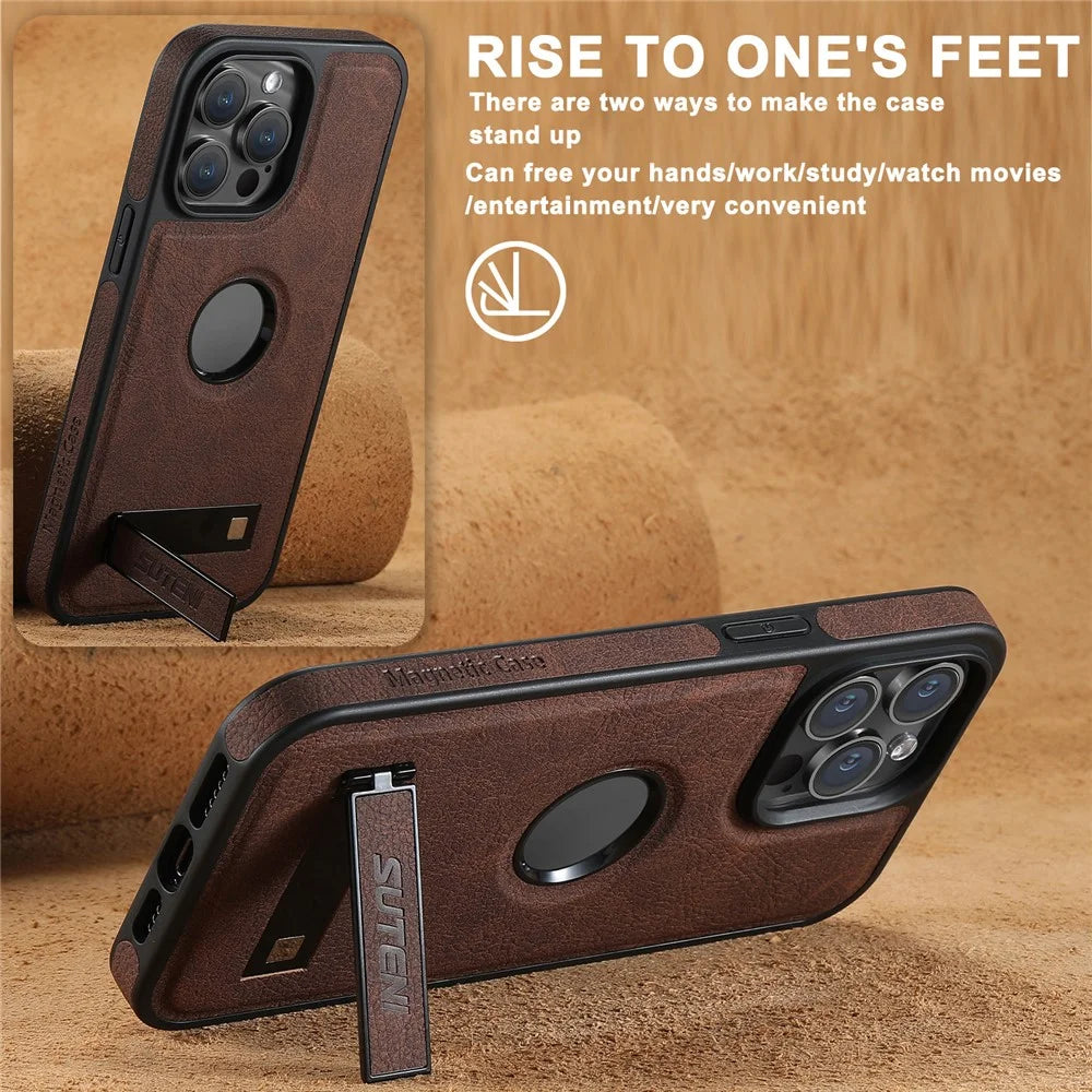 SUTENI G2 For iPhone 13 Pro Max Magnetic Case Litchi Texture Leather Coated TPU Kickstand Phone Cover - Brown - 4