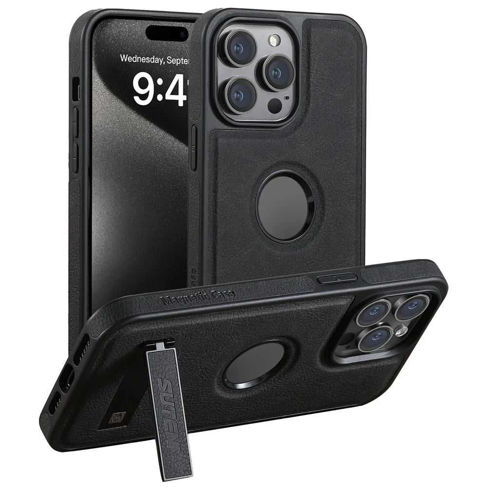 SUTENI G2 For iPhone 14 Pro Magnetic Case Litchi Texture Leather+TPU Kickstand Phone Cover - Black - 1