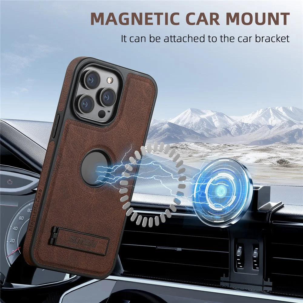 SUTENI G2 For iPhone 14 Pro Max Kickstand Cover Leather + TPU Magnetic Phone Case Litchi Texture - Brown - 3