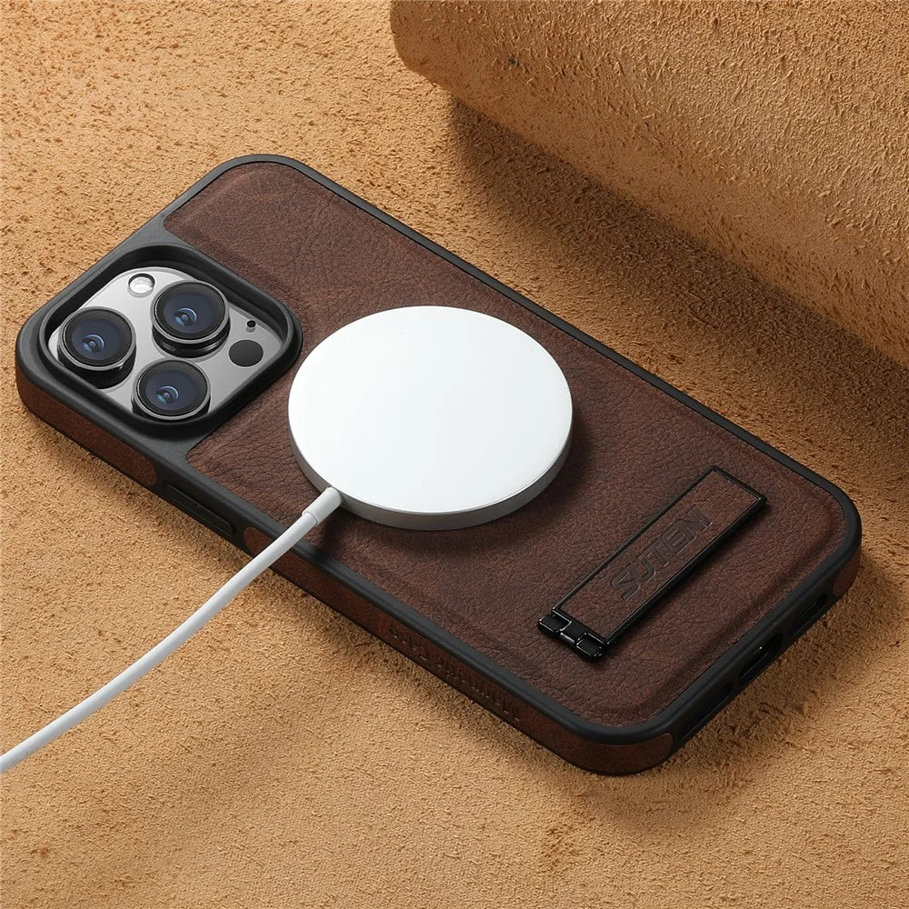 SUTENI G2 For iPhone 14 Pro Max Kickstand Cover Leather + TPU Magnetic Phone Case Litchi Texture - Brown - 6