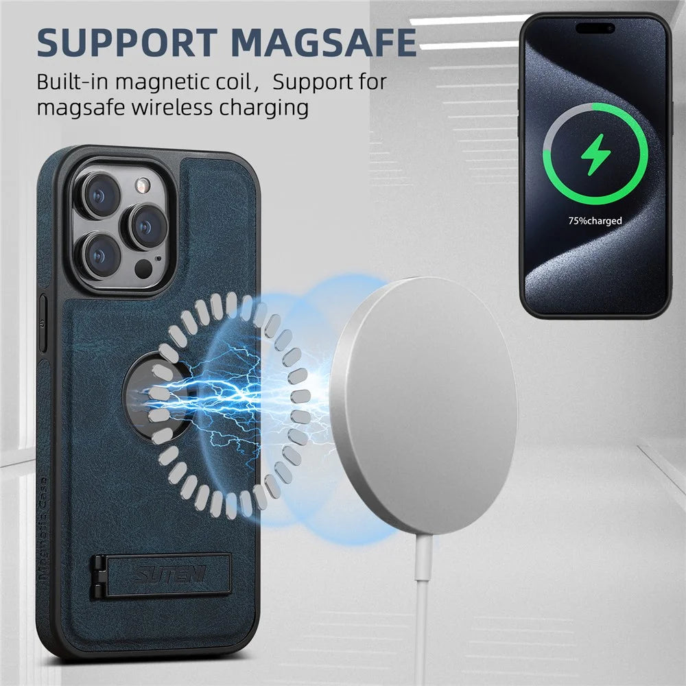 SUTENI G2 For iPhone 15 Pro Case Compatible with MagSafe Litchi Texture Kickstand Leather Back Cover - Blue - 2
