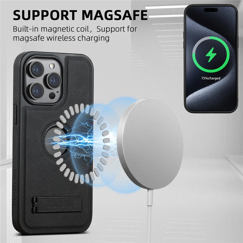 SUTENI G2 For iPhone 15 Pro Max Kickstand Case Litchi Texture PU+TPU Phone Cover Compatible with MagSafe - Black - 2